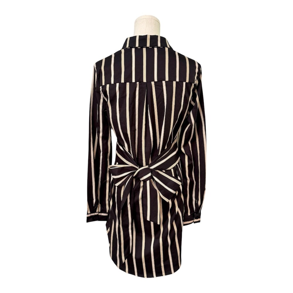 JLUXLABEL Striped Tie Waist Button Shirt Dress S Black Long Sleeve Bow Belted